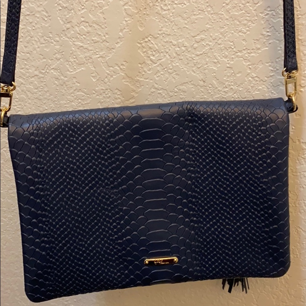GiGi New York Navy Embossed Snake-Print Crossbody with Gold Hardware